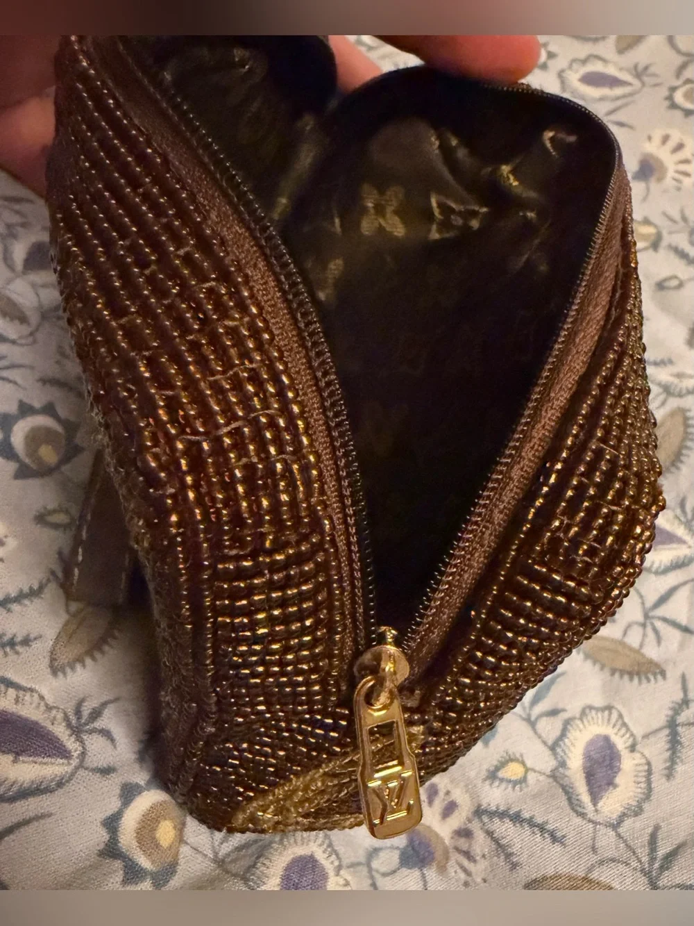 Louis Vuitton purse satchel make up case. Beaded beautifully with strap and gold